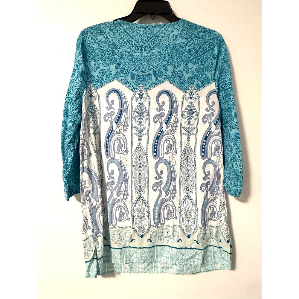 Chicos Womens Blue Paisley Cotton Tunic Top Sequin V-Neck Tassel Size 1 Medium - Picture 2 of 15